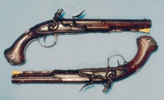 A pair of pistols owned by the Marquis de Lafayette, who served with the American Continental Army from 1777 to 1781, is on exhibit in the Yorktown Victory Center's Converging on Yorktown Gallery. Courtesy of Mr. and Mrs. Leslie O. Lynch, Jr.