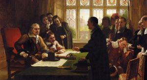 Image shows Charles West Cope's painting of 'Oliver Cromwell and His Secretary John Milton, Receiving a Deputation Seeking Aid for the Swiss Protestants.'