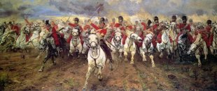 Image shows the painting 'Scotland Forever!' by Lady Butler, which depicts the start of the cavalry charge of the Royal Scots Greys at the Battle of Waterloo.