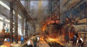 Image shows the painting 'The casting of iron in blocks' by Herman Heyenbrock.